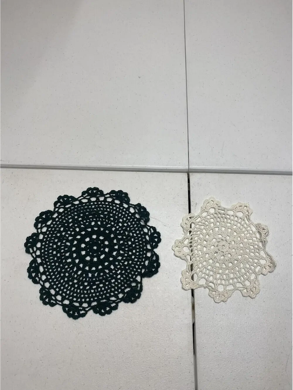 Vintage Hand Crochet Lace Doilies Set of 2 White & Green J